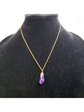 Gold Tone Chain Purple Amethyst Necklace‎ Teardrop Crystal Pendant 17.5-Inch